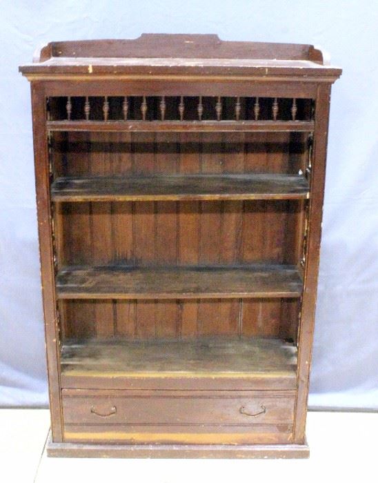 Antique 1800's Shelving Unit / Bookcase with Bottom Drawer, Pierced Floral Carved Sides, Appears Old, 38"W x 57"H x 12"D