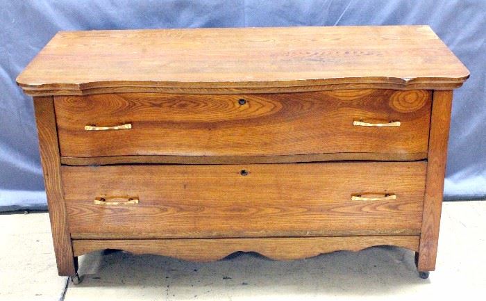 Serpentine Front Lowboy Dresser on Casters, Paneled Wood Sides, 45"W x 25"H x 20.5"D