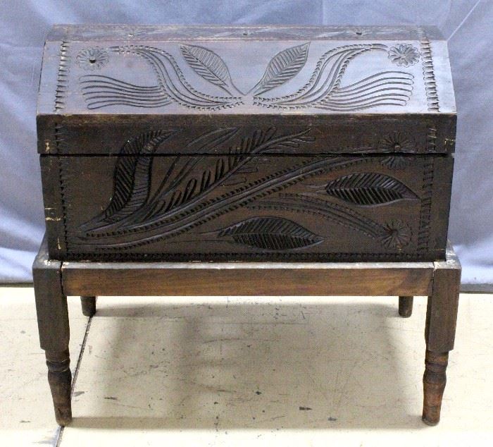 Floral Hand Carved Chest on Pedestal Stand Base, 30"W x 27"H x 18"D, Chest Measures 14"H without Base