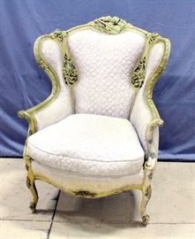 Prince Howard Style Upholstered Wingback Armchair, Musical Carvings, 32"W x 35"H