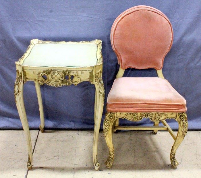 Prince Howard Style Side Chair and Accent Table, Carved Frames, Table Measures 20"W x 28" x 18"D