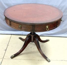 Leather Top Rotating Drum Table, Lion Lead Drawer Pulls, Pedestal Base, Metal Claw Feet, 36"Dia x 29"H