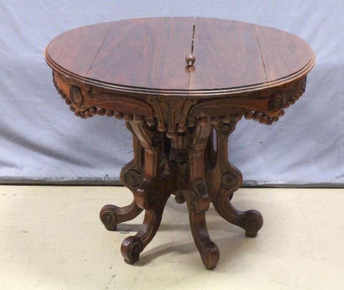 Antique 1800's Victorian Carved Occasional Table, 37"D x 30"H, Split Table Surface
