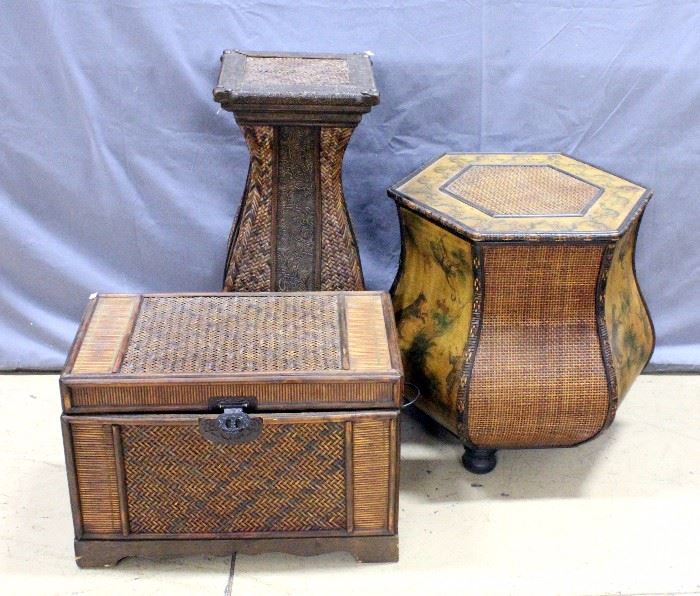 Wicker Decor Pieces- Plant Stand / Pedestal, 29"H, Accent Table w/ Storage 18"W x 21"H, and Trunk 22"W x 15"H x 13"D