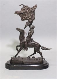 Frederic Remington Bronco Buster Reproduction Bronze Sculpture, Stone Base, Heavy, 21"W x 22"H