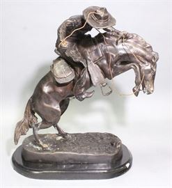 Frederic Remington Bronco Buster Reproduction Bronze Sculpture, Stone Base, Heavy, 21"W x 22"H