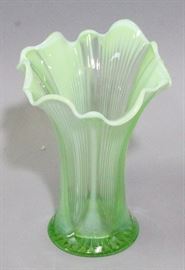 Art Glass and Home Decor, Fluted Vases, Rumrill Vase, Glass Basket, Small Slag Glass Daffodil Planter, and Majolica Style Vase
