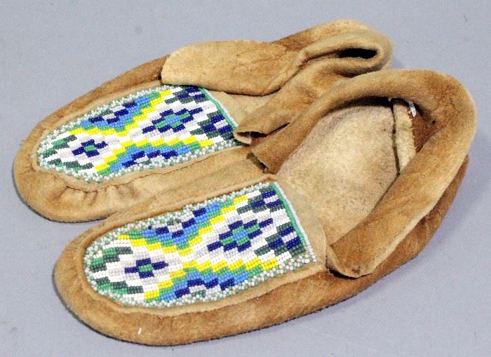 Native American Beaded Moccasins, Believed To Be Brain Tan Leather
