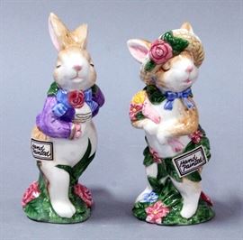 1994 1995 Fitz & Floyd Bunny Rabbit Hand Painted Dishware- Sugar/Creamer Dishes, Pitcher, and Salt & Pepper Shakers