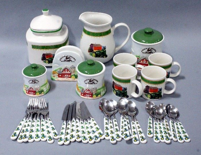 John Deere Gibson 1935 Model B Design Cookie Jar, Pitcher, 3 Canisters, Napkin Holder, 4 Coffee Mugs, and Flatware for 8, Forks, Spoons, Knives, More!