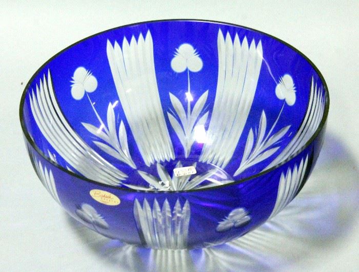 Badash Handcut Blue Crystal Bowl and Vase, and Crystal Wine Glasses, Qty 7