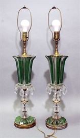 Impressive Green Art Glass Table Lamps with Prisms, Qty 2, 33"H