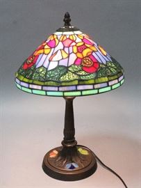 Art Nouveau Cast Iron Lamp with Slag Glass Accents and Stained Slag Glass Shade, 19"H, Works