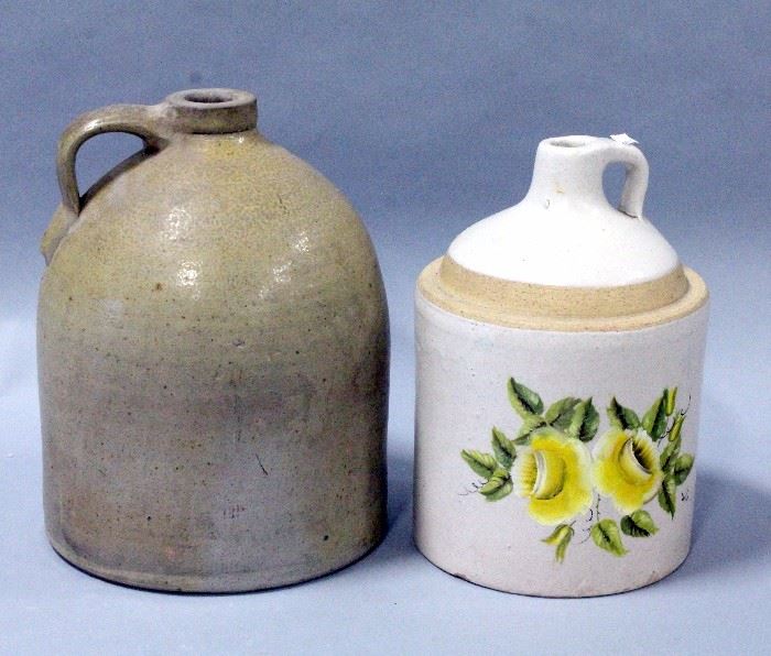 Moonshine Whiskey Stoneware Jugs, Qty 2, Painted Jug Signed "Kirk 78", 10.5"H, and Unmarked Jug, 11.5"H