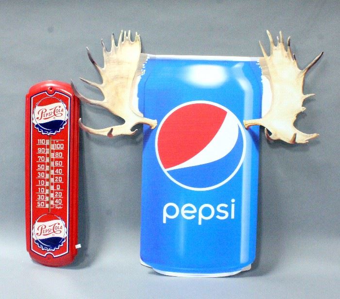 Pepsi Cola Advertising Taylor Thermometer, 26", and Pepsi Mike Moustakas "Moose" Can Floor Display, 34"W x 31"H