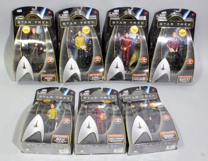 Star Trek Warp Collection Action Figures NIB, Qty 7, Original Spock, Cadet McCoy, Kirk, Scotty, Sulu, Cadet Chekov, and Nero