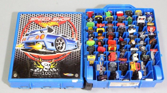 Assorted Hot Wheels Cars, Qty 66, in Hot Wheels Speed Shop Carrying Case