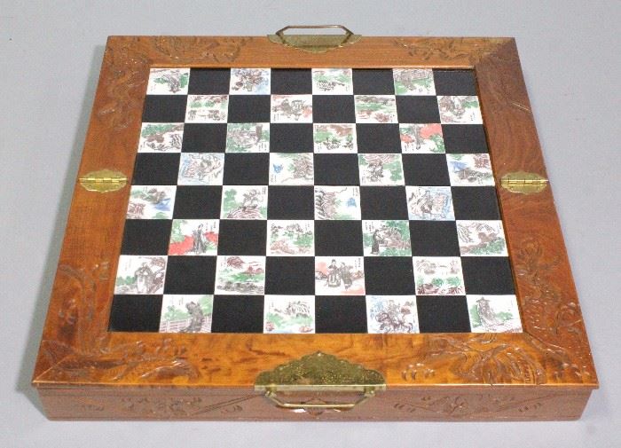 Vintage Asian Chess Set, Folding Board with Drawers and Brass Fittings, Carved Wood Design, 18" x 18" when Unfolded, Complete