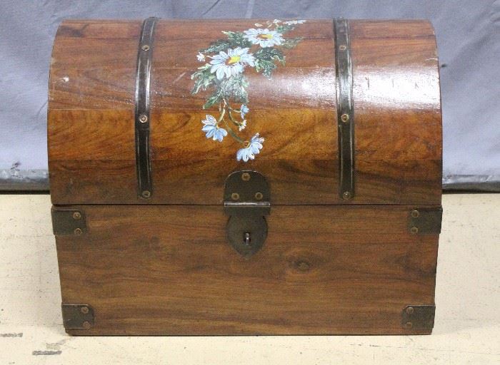 Wood Dome Top Chest with Metal Fittings and Hand Painted Floral Design, 19.5"W x 15"H x 13"D