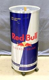 Large Red Bull Can Cooler Refrigerator on Casters, 16.5"Dia x 37.5"H