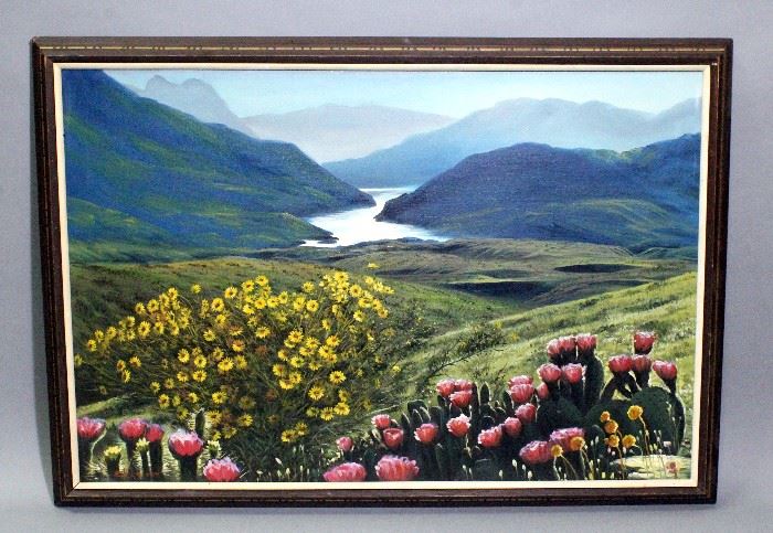EH Lacson Original Oil on Canvas Mountain/Fjord Landscape, Framed, 39"W x 27"H