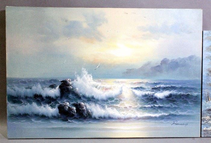 P Jenkens Original Oil on Canvas Ocean Seascape Painting, 36" x 24", and Original Oil on Canvas Winter Mountain Landscape Painting, 24" x 20"