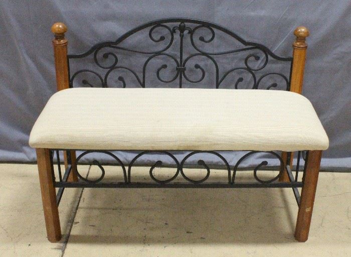 Wood and Metal Scroll Framed Bench with Padded Upholstered Seat, 40"W x 29"H