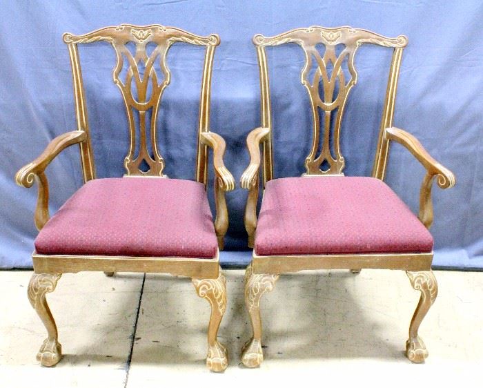 Hekman Chippendale Style Arm Chairs, Pierced Back, Ball and Claw Feet, Padded Upholstered Seats, Qty 2, 26"W x 39"H