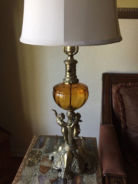 Vintage Amber Glass Angel Lamps (Set of 2)