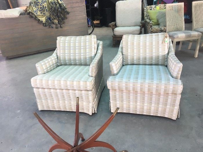 These are Ethan Allen chairs. Drastically reduced. If I don't sell them, I will just buy new fabric, take the skirts off, raise the cushion, get them reupholstered and charge much more for them!  They are in perfect condition. 