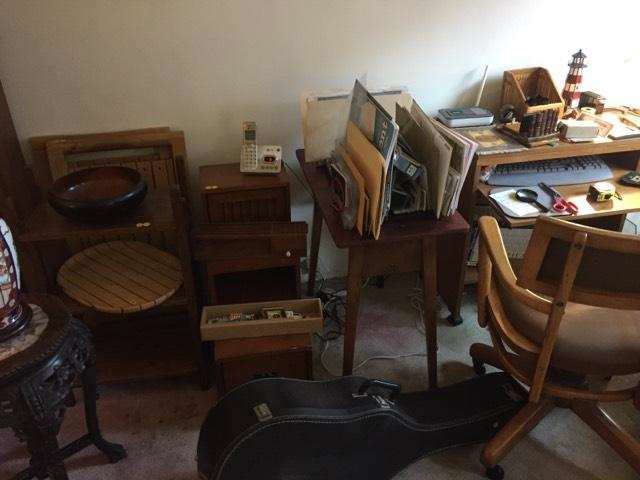 Danish modern desk, chair, guitar, et al.