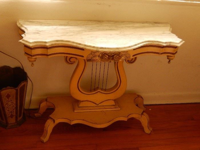 Hollywood Regency marbletop lyre base entry table