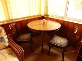 Round card table and 2 rose back chairs w/ needlepoint seats