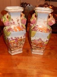 Pair Chinese export vases 15 in. with lotus blossoms.