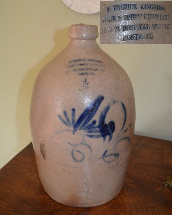 2 gallon cobalt decorated stoneware jug marked:  Frederick Kingston Wine & Spirit Merchant                               19 & 21 Hospital Street                                                      Montreal