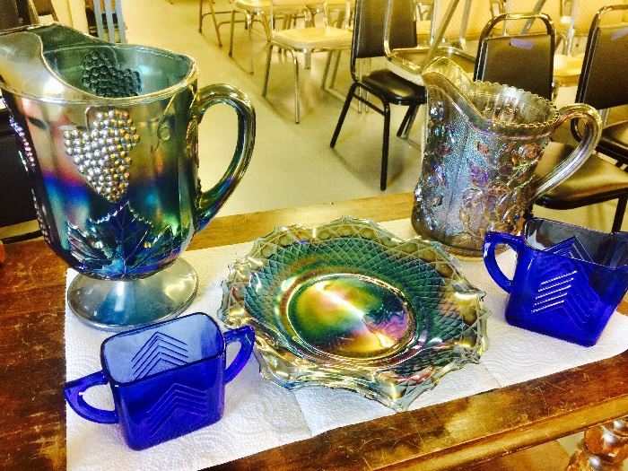 Carnival glass pitchers , carnival glass plate , set of cobalt blue sugar and creamer
