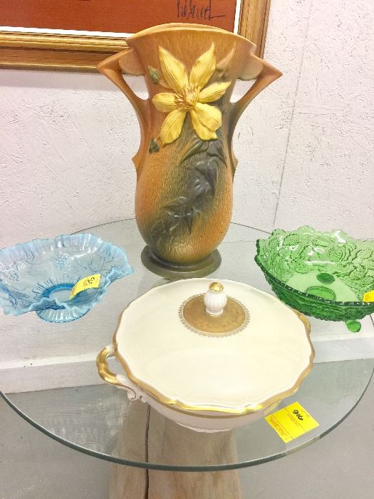 Large Roseville Clements pattern Roseville Floor Vase , Opalescent Fenton bowl , covered fine china Serving Bowl, pattern glass footed bowl