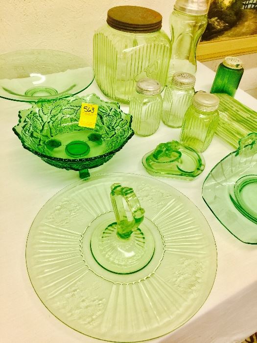Very Rare Depression Glass fridgadare ice bucket, Pr . Vaseline glass lamps ,  set  of 12 forest green punch cups