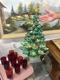 Vintage Large Ceramic Christmas tree , Painting  and set of red glasses