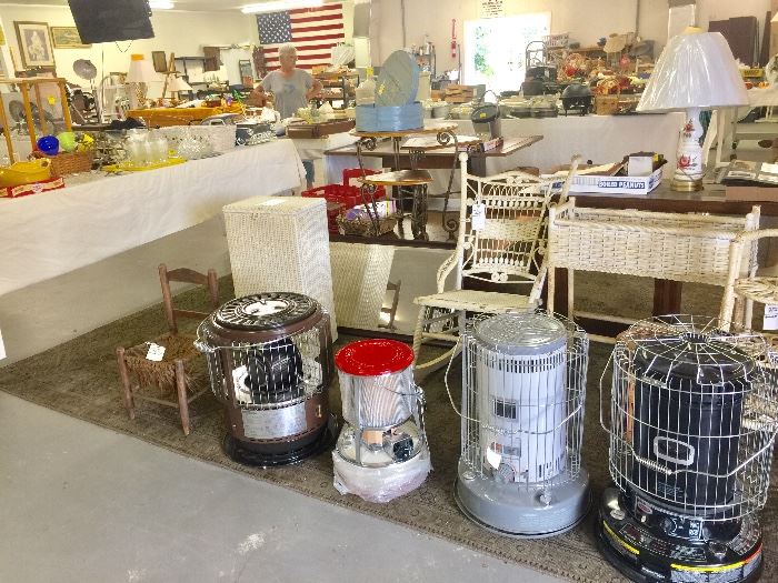 Kerosene Heaters , Old Wicker Furniture , Antique Childens Chair , Assorted Collectible items