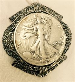 1943 Silver Half Dollar Walking Liberty mounted in Sterling Silver Pendant or Brooch Bezel surrounded in Marcasites