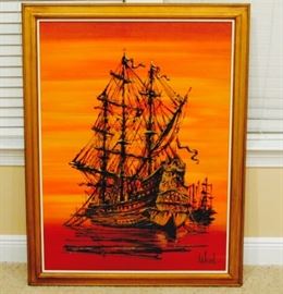 Vintage Retro Original Painting by Van Gaard  in Drip style  of Ships subject matter . Painting is a  Listed Artist. Please look this piece up . 