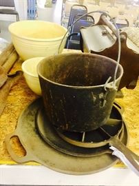 Cast Iron Galore ... Cornbread Skillets , kettle , flat skillet , sewing box full of notions , 2 Fiesta Mixing Bowls 