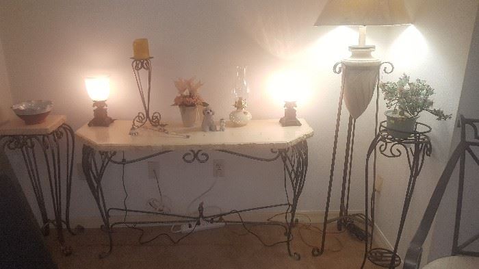 Stone-like Foyer Table, matching Stand. Urn Floor Lamp, Plant Stand, Accent Lights + Misc