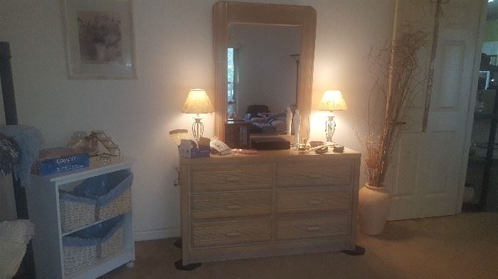 Blonde Wood Dresser & Mirror. Small Rolling Cabinet, Accent Lamps