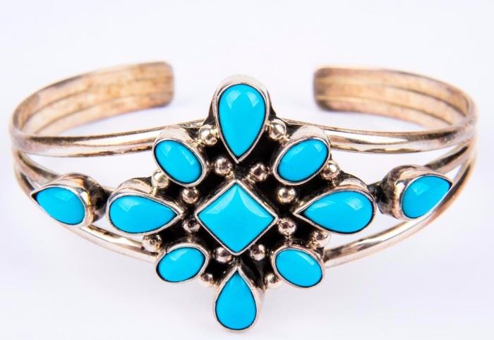 Lot 10 - Jewelry Sterling Silver Turquoise Cuff Bracelet