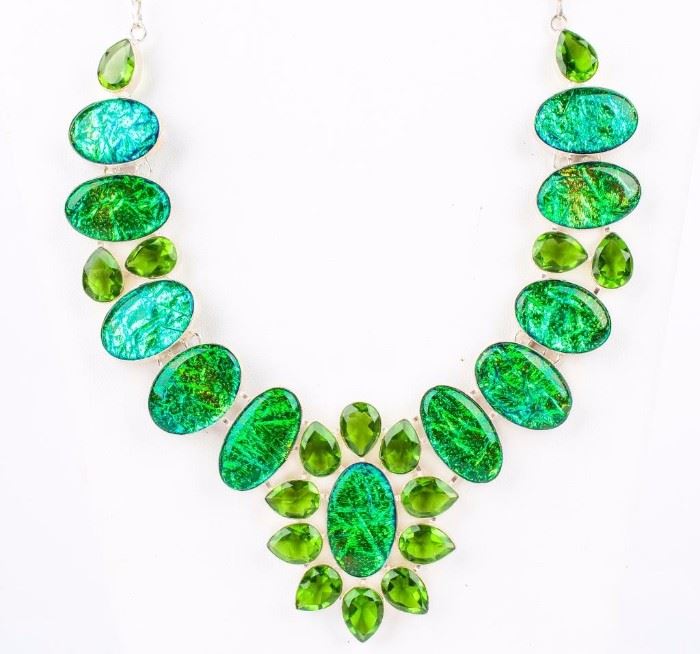 Lot 30 - Jewelry Sterling Silver Green Iridescent Necklace