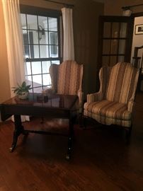 Two House of Lindberg  wing back chairs  -  Mahogany drop leaf desk