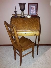 Oak ladies fall front, drop lid writing desk with chair