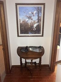 Gate leg table  -  old duck decoys  -                                        Large framed David A Maass "Greenhead Haven"